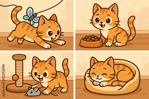 Set of cute ginger tabby kitten daily activities. Cartoon cat character playing with toys, eating from a food bowl, and sleeping in bed. Adorable pet animal life comic illustration.