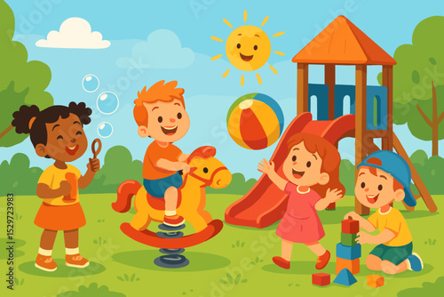 Happy children playing at playground. Diverse group of friends having fun outdoors on a sunny summer day. Kids with slide, rocking horse, blocks, ball. Kindergarten concept vector.