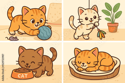 Cute cartoon cat character set. Adorable kittens collection showing daily life activities. Funny pet playing with yarn ball and toy, eating from bowl, sleeping in bed. Flat vector illustration.