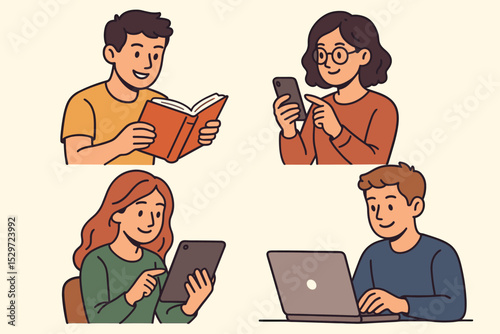 People reading set. Man with book vs characters using digital devices like laptop, smartphone, tablet. Concept for e-learning, education, library, digital media, online study. Vector.