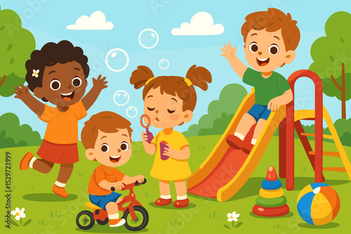 Happy diverse children play in summer park playground. Cute kids on slide, bike, blowing bubbles. Vector cartoon illustration for kindergarten, preschool, daycare. Childhood friendship.