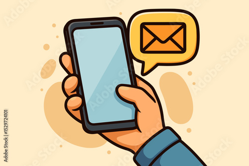 Hand holding smartphone with new email message notification icon. Cartoon vector illustration concept for communication, contact, newsletter, and email marketing. Mobile technology.