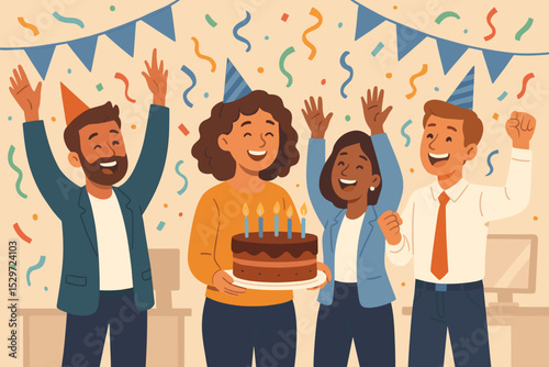 Office birthday party with happy diverse colleagues celebrating. Business team having fun with cake, confetti and hats. Corporate culture, teamwork and employee appreciation concept.