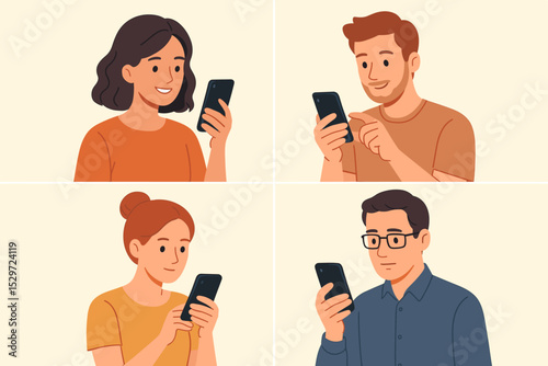 People using smartphones cartoon character set. Diverse young men and women texting and scrolling on mobile phones. Social media network, internet communication technology concept.