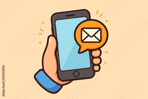 Hand holding a smartphone with an email notification. Vector illustration of a new message alert on a mobile phone. Concept of digital communication, online chat, correspondence, newsletter.