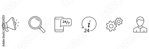 Customer service and support outline icons collection. Support and service icons for web and mobile app. Online help, assistance, customer, 24 hrs, service and more. Vector illustration.