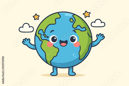 Cute Earth cartoon character with a happy smiling face. Kawaii planet mascot for Earth Day. Ecology and environment concept. Friendly world globe illustration with stars and clouds.