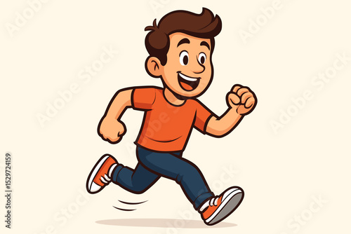 Running boy cartoon character in motion. Happy and energetic young kid jogging for sport or exercise. Cheerful child sprinting fast. Active and healthy lifestyle vector illustration.