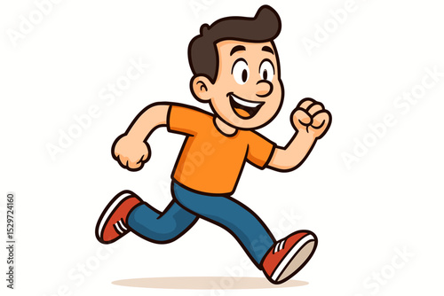 Happy cartoon boy running and jogging. Cute kid character in motion with a big smile. Active young man exercising. Vector illustration for sports, fitness and healthy lifestyle concepts.