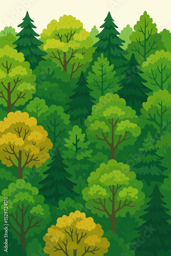Vibrant forest canopy illustration with lush green trees. Cartoon woodland landscape background. Vector nature scenery with pine and deciduous trees. Ecology and environment concept.