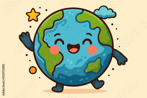 Cute Earth character cartoon illustration. Happy walking planet mascot waving. Kawaii globe for Earth Day. Ecology and environment conservation concept. World protection vector icon.