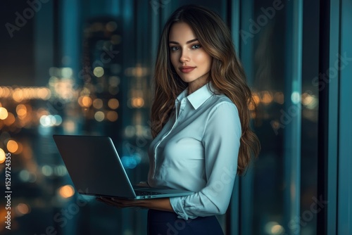 Confident businesswoman working late at night in a modern office, illuminated by city lights.
