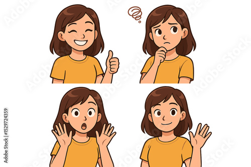 Young woman character set with various emotions and gestures. Happy girl thumbs up, confused thinking, surprised shocked face, and friendly waving pose. Cute cartoon female vector illustration.