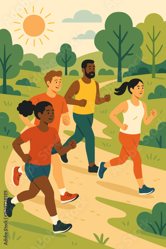 Happy diverse group of friends jogging together in a city park on a sunny day. Multiethnic people running outdoor. Healthy lifestyle, fitness, sport, and wellness concept.