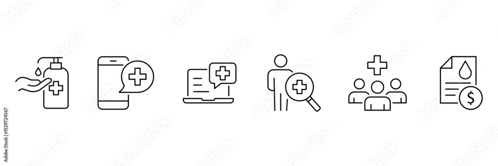 Fototapeta premium Digital healthcare and telemedicine. Medicine and Health Care outline icon. Containing emergency, doctor, treatment, medical, report, diagnosis, health, prevention. vector illustration.