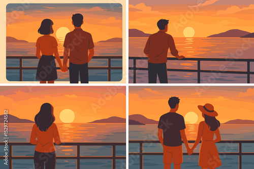 Set of retro illustrations with people watching a serene seaside sunset. Romantic couple holding hands, single man and woman contemplating the ocean view. Vacation travel concept.