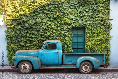 Rustic blue vintage pickup truck parked against a vibrant green ivy-covered wall.