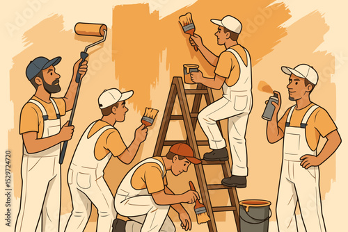 Team of painters at work illustration. Professional workers in overalls painting an interior wall with rollers and brushes. Home improvement, renovation and decoration service concept.