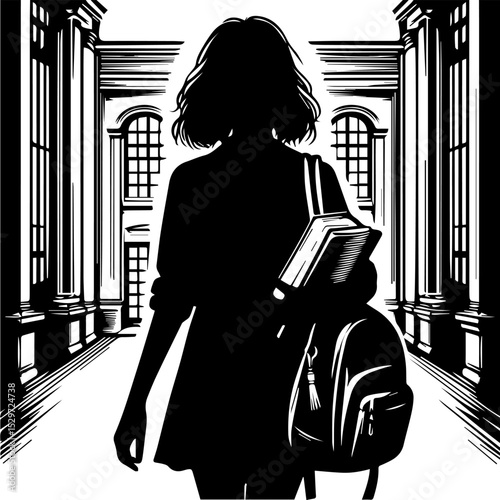 A black and white silhouette of a female student walking along a corridor at the university with a backpack and a book in her hands on a white isolated background. Vector graphics. EPS.
