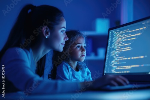 A woman and a young girl learn to code together, illuminated by the blue glow of a computer screen displaying lines of code.