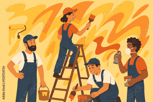 Vector illustration of a diverse team of painters at work. Home renovation, decoration service, and house painting concept. People in overalls with brush, roller, and spray paint.