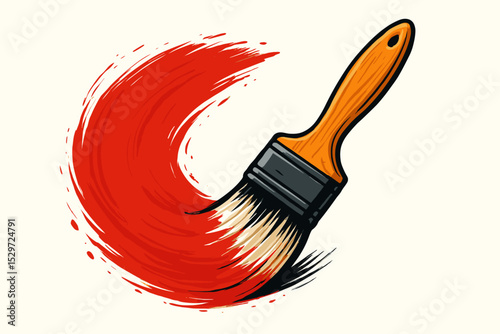 Paintbrush tool painting a red circular stroke. Vector illustration for art, creativity, renovation, and decoration concepts. Artist's brush with dynamic paint smear icon.