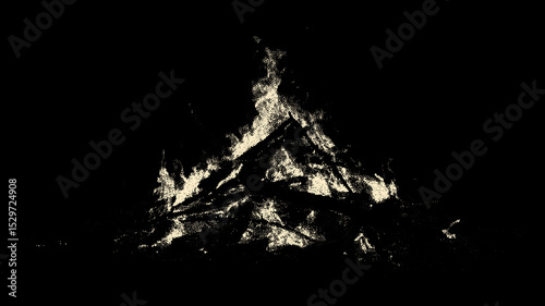 Burning campfire on black background in retro vintage dotwork style. Bonfire with logs in flame for hiking and camping