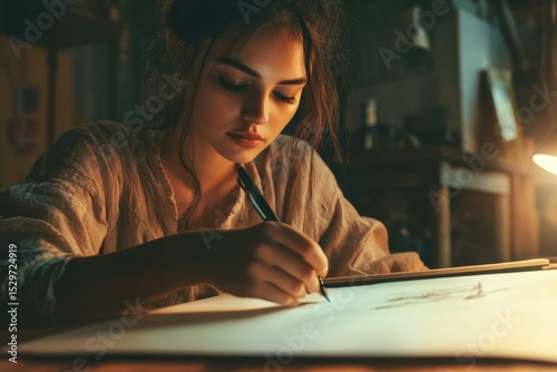 A young woman meticulously sketches, illuminated by warm lamplight in a cozy, artistic setting.