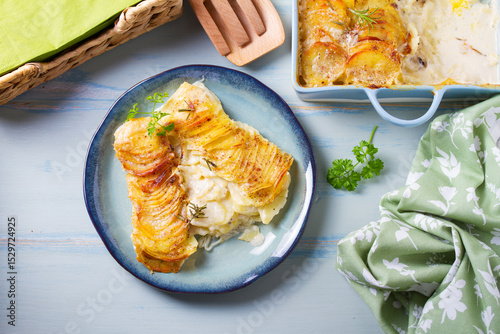 Tender creamy potato gratin with rosemary. Scalloped potatoes or potato bake. High angle view