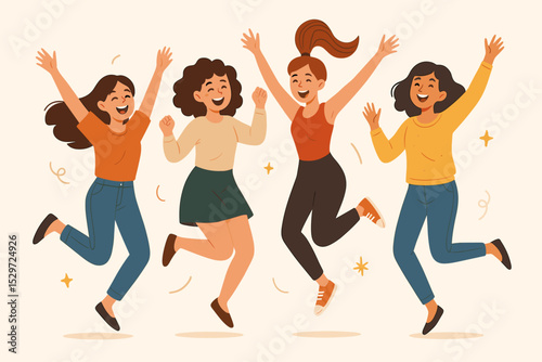 Joyful women jumping. Group of happy friends celebrating success together. Concept of freedom, energy, and positive emotion. Female empowerment and friendship celebration.