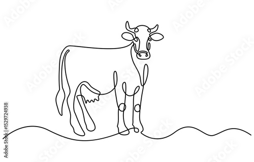 Continuous one line drawing dairy cow. Cattle. Dairy industry. Milk. Side view of a cow. One continuous line isolated minimal illustration.