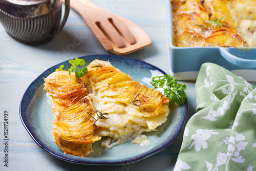 Tender creamy potato gratin with rosemary. Scalloped potatoes or potato bake