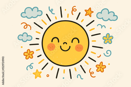 Happy sun doodle with cute smiling face. Kawaii cartoon character illustration. Cheerful summer sunshine concept for kids. Nursery art with hand-drawn clouds, flowers, stars. Retro vector.