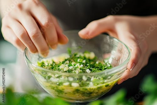 A person is preparing a vibrant green herb mixture in a glass bowl, likely a flavorful sauce or dressing.