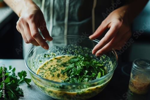 A person adds fresh parsley to a bowl of batter, preparing a flavorful dish.