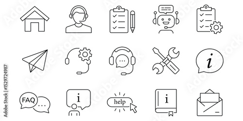 Customer service and support 15 outline icons collection. Support and service icons for web and mobile app. Online help, assistance, customer, 24 hrs, service and more. Vector illustration.