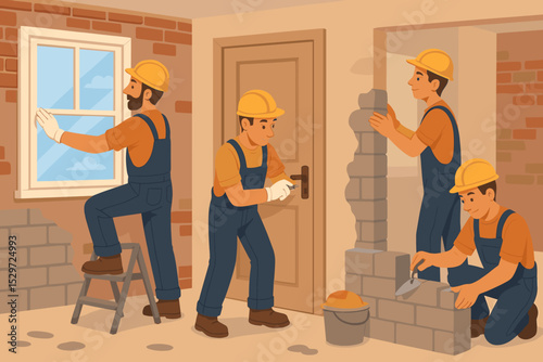 Construction workers team on home renovation project. Builders building house interior, bricklaying wall, installing window, fixing door. Repair service concept vector illustration.