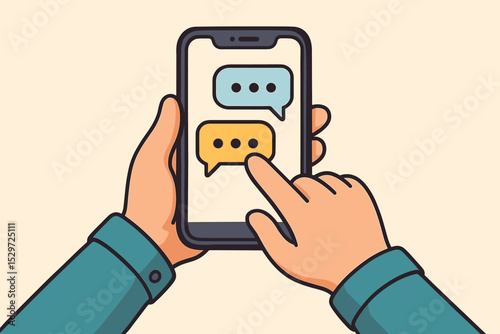 Hands holding a smartphone and chatting in a messenger application. Person sending a text message. Online communication concept with speech bubbles. Social media conversation vector.