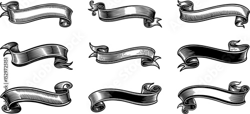 Vintage ribbon set in engraving style. Isolated classic royal scroll collection, in victorian heraldic style