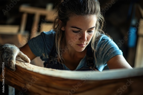 A young woman meticulously crafts a wooden piece, showcasing dedication and skill in woodworking.
