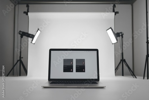A laptop displays a design on a screen in a professional photo studio setting with lighting equipment.