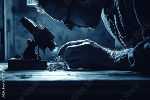 A scientist meticulously examines a plant sample under a vintage microscope, engrossed in detailed analysis.