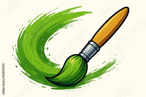 Paintbrush drawing a vibrant green paint stroke in a circular swirl. Concept of creativity, art, ecology and nature. Eco-friendly symbol or logo. Vector illustration for design.