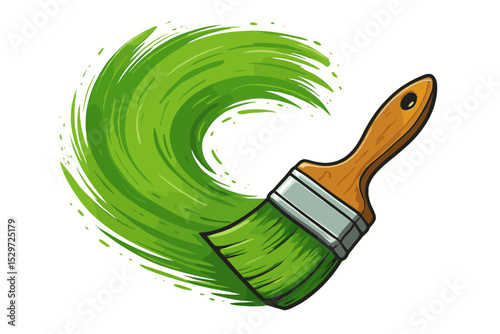 Paintbrush with a green paint stroke vector illustration. Creative concept icon for art, painting, renovation, or home improvement. Eco-friendly, nature, and organic symbol.