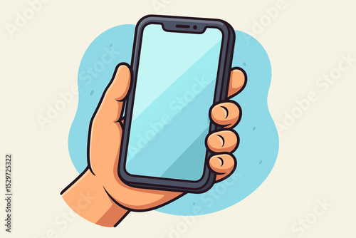 Hand holding smartphone with blank screen. Cartoon vector illustration for mobile app mockup. Cellphone device in hand for technology, communication or business presentation.