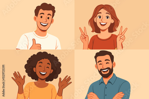 Set of diverse happy people portraits. Multicultural men and women smiling. Vector cartoon characters collection. Avatars with positive emotions, gesturing thumbs up and peace.