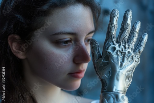 A young woman gazes thoughtfully at a detailed robotic hand, hinting at a future of human-machine interaction.