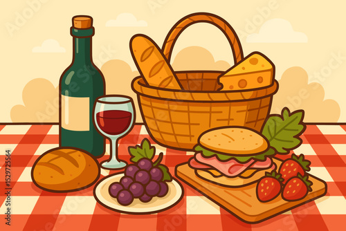 Vector illustration of a summer picnic scene. Still life with a wicker basket, red wine, sandwich, cheese, bread, grapes, and strawberries on a gingham tablecloth for an outdoor lunch.