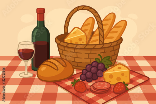 Summer picnic concept with red wine, bread, cheese, and grapes. Romantic outdoor meal still life with food in a wicker basket on a gingham tablecloth. Vector illustration.