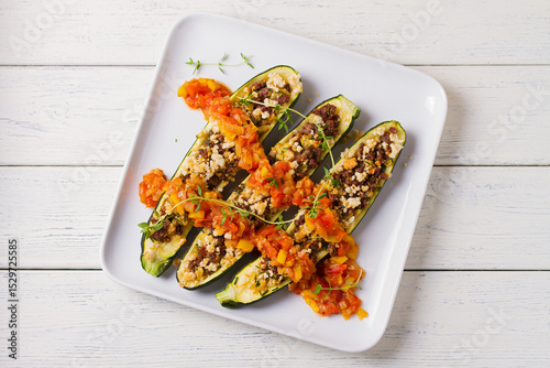 Zucchini stuffed with minced beef on plate. Zucchini boats. Loaded courgettes. View from above, top studio shot
